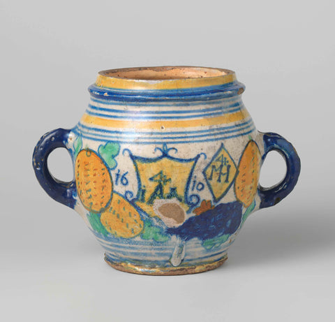 Pot with two ears, multicolored painted with orange-apples, arms of Amsterdam and Haarlem and year 1610., anonymous, c. 1600 - c. 1620 Canvas Print