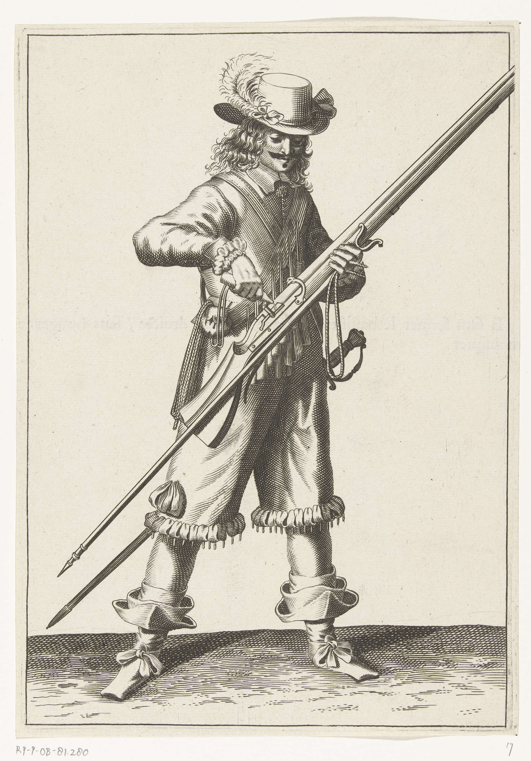 Soldier pouring gunpowder into the pan of his