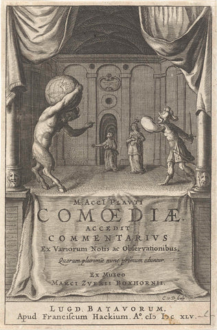 Stage with satyr carrying world globe on shoulders and soldier threatening with raised sword, Cornelis van Dalen (I), 1645 Canvas Print