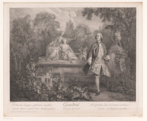 Portrait of Charles-François Racot de Grandval in a garden, Jacques-Philippe Le Bas, 1755 Canvas Print