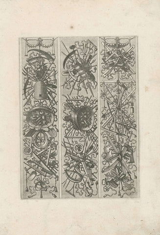 Three vertical trophies with agricultural and construction tools, Johannes or Lucas van Doetechum, 1572 Canvas Print