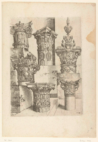 Six composite capitals, Wendel Dietterlin (I), 1560 - 1598 Canvas Print