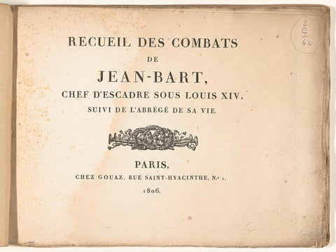 Titelpagina voor: Recueil des combats de Jean-Bart, chef d'escadre sous Louis XIV, suivi de l'abrégé de sa vie, 1806, Yves Marie Le Gouaz, 1806 Canvas Print