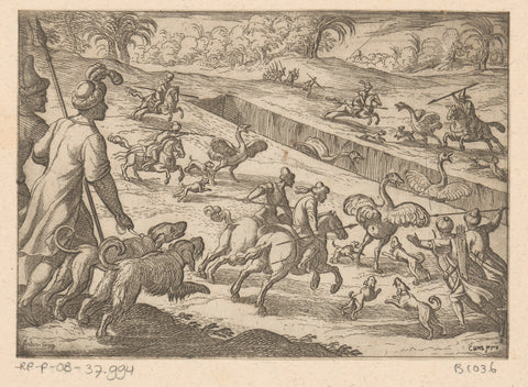 Hunters chase ostriches into a pit, Antonio Tempesta, 1598 Canvas Print