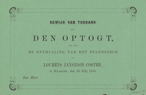 Bewijs van Toegang tot Den Optogt, en bij de onthulling van het standbeeld van Lourens Janszoon Coster, te Haarlem, den 16 Julij 1856, anonymous, 1856 Canvas Print