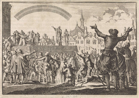 Square at Orange, where the government of Prince William III is accepted, while the crowd looks at an arc in the sky, 1670, Jan Luyken, 1698 Canvas Print