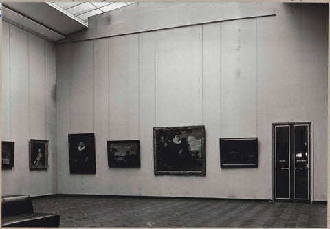 Room with dirt wall coverings around paintings (a landscape and portraits), a bench for visitors and a passage reserved only for staff, 1967 Canvas Print