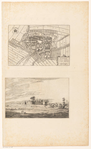 Sheet with map of Oudewater and view of Slot Woerden, anonymous, 1652 Canvas Print