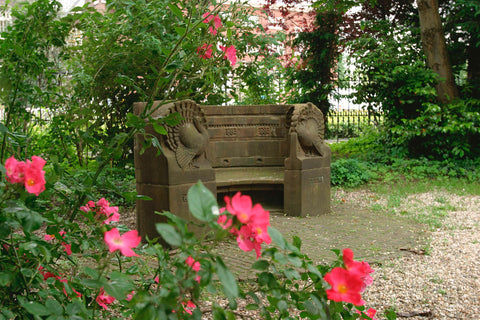 Garden bench with turkeys on either side and the inscription DE VISSER, 2003 Canvas Print