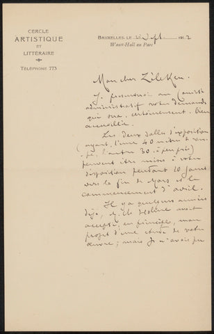 Letter to Philip Zilcken, Cercle Artistique et Littéraire (Brussels), 1912 Canvas Print