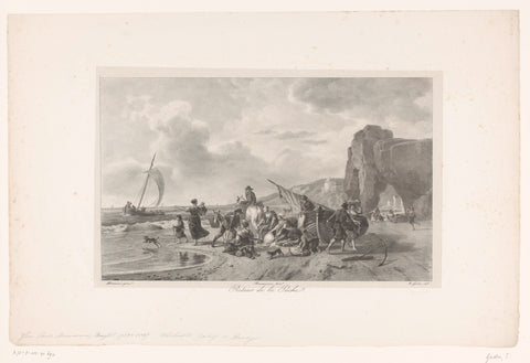 Fishermen arrive with their catch on the beach, Théodore Gudin, 1822 Canvas Print