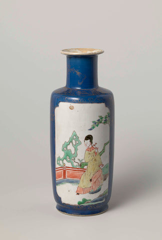 Cylindrical vase with powder blue and a woman on a terrace, anonymous, c. 1700 - c. 1724 Canvas Print