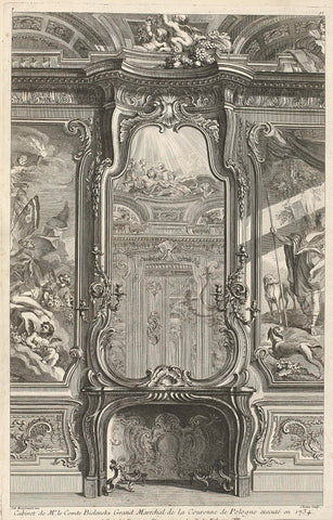 Fireplace with mirror and wall decoration in the cabinet of Count of Bielinski, Pierre Chenu, Juste Aurèle Meissonnier, 1738 - 1749 Canvas Print