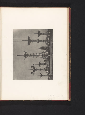 Seven metal candlesticks, exhibited at an exhibition on religious objects from the Middle Ages and Renaissance in 1864 in Mechelen, Joseph Maes, 1864 - in or before 1866 Canvas Print