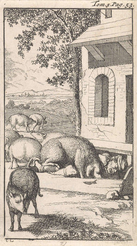 Sancho sleeping in a pig trough in front of a farm, Caspar Luyken, 1696 Canvas Print