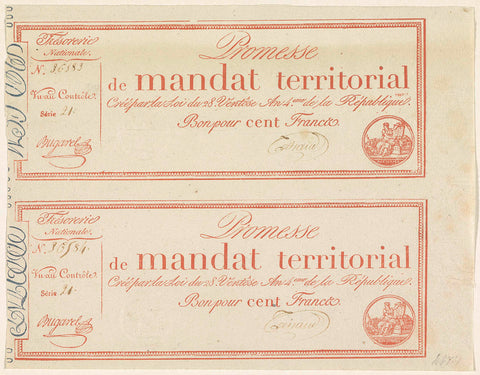 Two promissory notes of 100 francs, 1795-1796, Trésorie Nationale, 1795 - 1796 Canvas Print