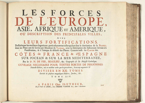 Titelpagina voor het prentwerk: The Forces of Europe, Asia, Africa and America (...) Comme aussi les Cartes des Côtes de France et d'Espagne (deel XIV), 1726, Pieter van der Aa (I), 1726 Canvas Print