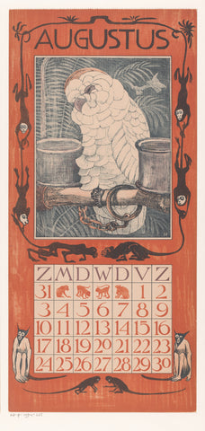 Calendar sheet August with cockatoo, Theo van Hoytema, 1901 Canvas Print