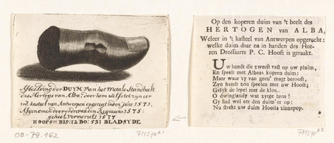 Statue thumb of the duke of Alva, with verse, 1571, anonymous, 1717 - 1719 Canvas Print