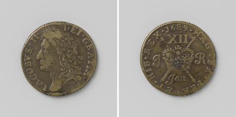 Shilling, Jacobus II, koning van Engeland, noodmunt uit januari 1689, anonymous, 1689 Canvas Print