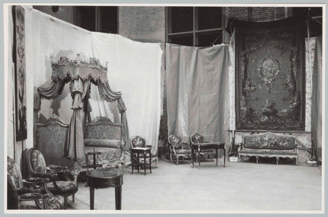 Various objects including four-poster bed (lit à la Polonaise), tapestries and canapés, against background of rags of fabric, 1957 Canvas Print