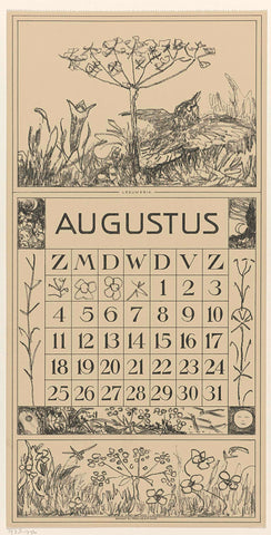 Calendar sheet August with lark and flower, Theo van Hoytema, 1917 Canvas Print