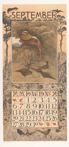 Calendar sheet September with pheasants, Theo van Hoytema, 1902 Canvas Print