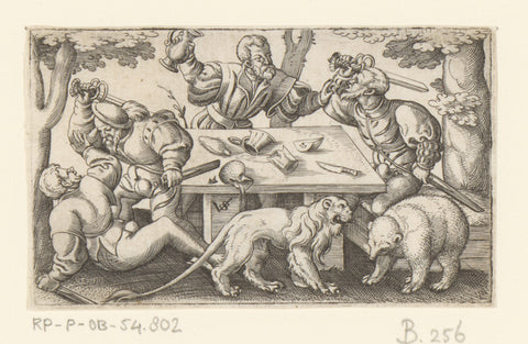 Four men fighting around a table, Virgil Solis, 1524 - 1562 Canvas Print