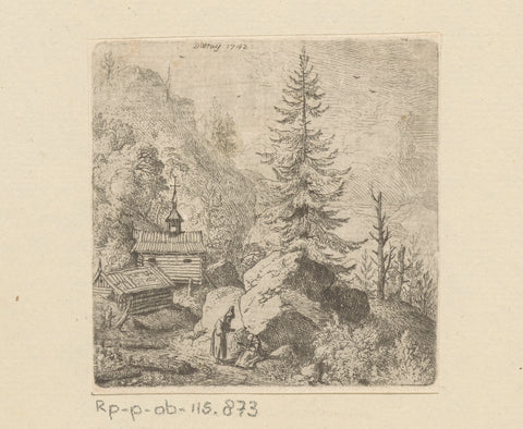 Mountain landscape with fir and church, Christian Wilhelm Ernst Dietrich, 1742 Canvas Print