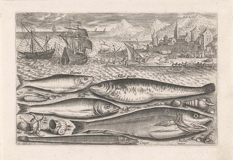 Five fish on the beach, Adriaen Collaert, after 1598 - 1618 Canvas Print