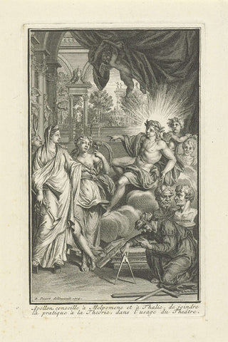 Apollo spreekt met Melpomene en Thalia, Bernard Picart (workshop of), 1714 Canvas Print