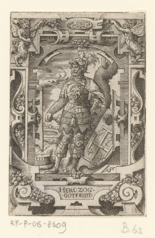 Godfrey of Bouillon with coat of arms in roll frame, Virgil Solis, 1524 - 1562 Canvas Print