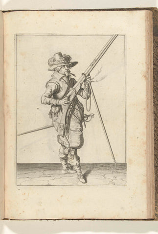 Soldier on guard holding his musket with his right hand pointing obliquely upwards while placing the barrel on his furket with his left hand (no. 36), c. 1600, Jacob de Gheyn (II) (workshop of), 1597 - 1608 Canvas Print