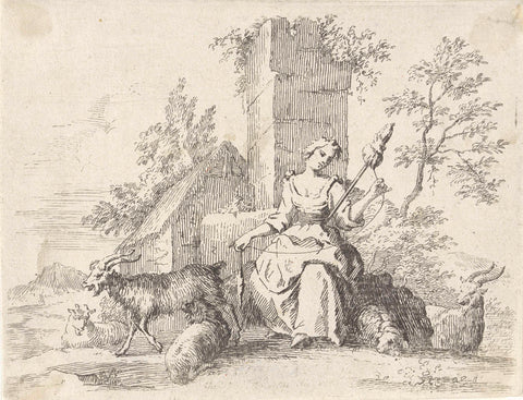 Spinning Shepherdess, Paul van Somer (II), 1670 - 1697 Canvas Print