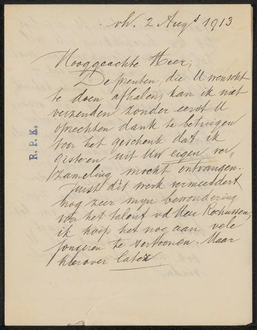 Letter to jonkheer Hendrik Teding van Berkhout (1979-1969), August Allebé, 1913 Canvas Print