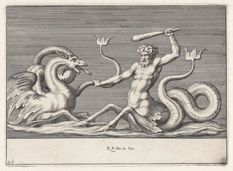 Triton in battle with a sea monster, Pietro Sante Bartoli, 1645 - 1700 Canvas Print