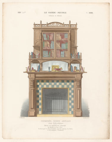 Fireplace with bookcase in English style, Léon Laroche, c. 1885 - c. 1895 Canvas Print