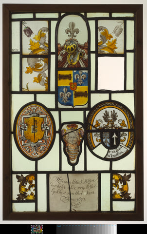 Diamond with fragments of lambrequins, coat of arms windows and a caption 