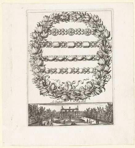 Wreath of flowers with four chains, at the bottom of the Castle of Ruel, Balthazar Moncornet, 1665 Canvas Print