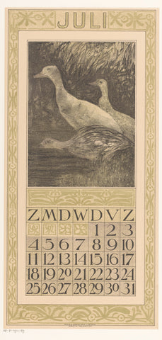 Calendar sheet July with three ducks on the waterfront, Theo van Hoytema, 1908 Canvas Print