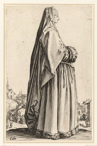 Lady with mourning veil and mave, seen on the right, Jacques Callot, 1620 - 1623 Canvas Print