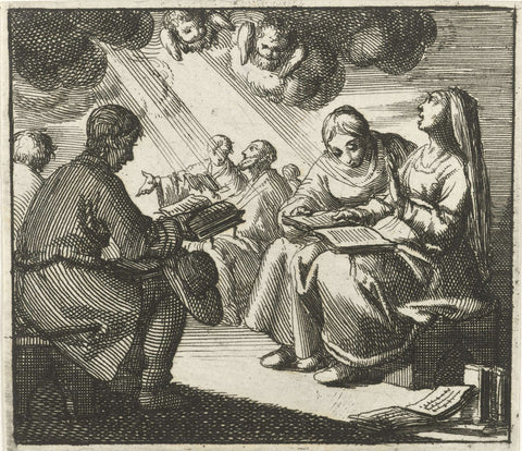 Group of singing men and women, illuminated by a bundle of skylight, Jan Luyken, 1688 Canvas Print