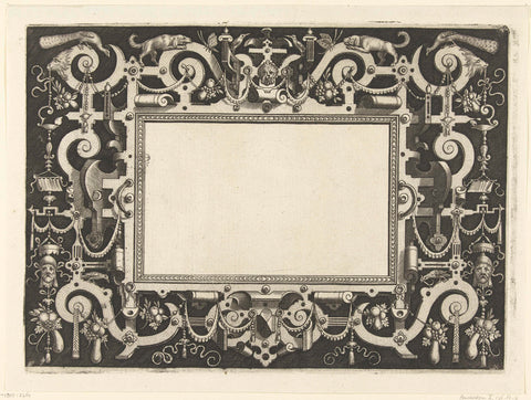 Rectangular cartouche with a peacock in both upper corners, Nicolaes de Bruyn, 1581 - 1635 Canvas Print