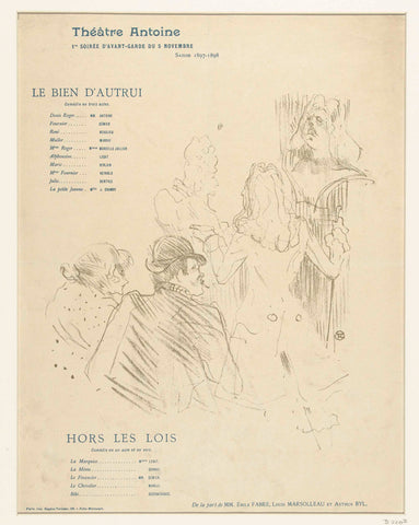 Programme for plays Le bien d'autrui and Hors les lois with actors for bust of Molière and cast, Henri de Toulouse-Lautrec, 1897 Canvas Print