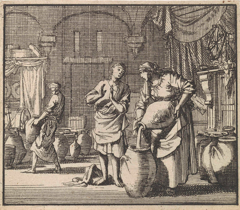 On the advice of Elisa, the widow fills borrowed jugs with oil, Jan Luyken, 1698 Canvas Print