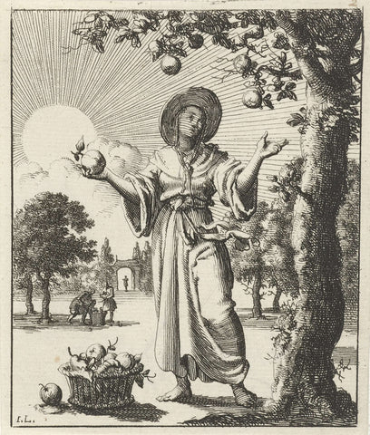 Vrouw verzamelt vruchten, Jan Luyken, 1687 Canvas Print