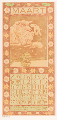 Calendar sheet March with sheep and lambs, Theo van Hoytema, 1903 Canvas Print