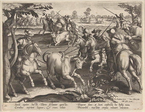 Hunting bulls, Jan Collaert (II), 1594 - 1598 Canvas Print