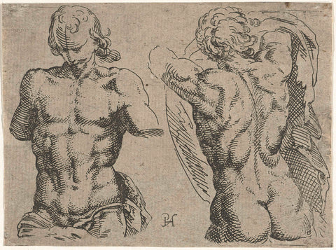 Study sheet with two men's torsos, Pieter Feddes van Harlingen, 1611 - 1623 Canvas Print
