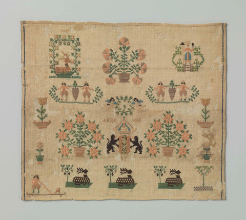 Sampler of woolen muslin on which the coat of arms of Amsterdam, lying fallow deer, Josef and Caleb with the fruit of the land canaan, the Dutch Virgin with freedom hat in the Dutch garden, ANNO 1698, anonymous, 1698 Canvas Print